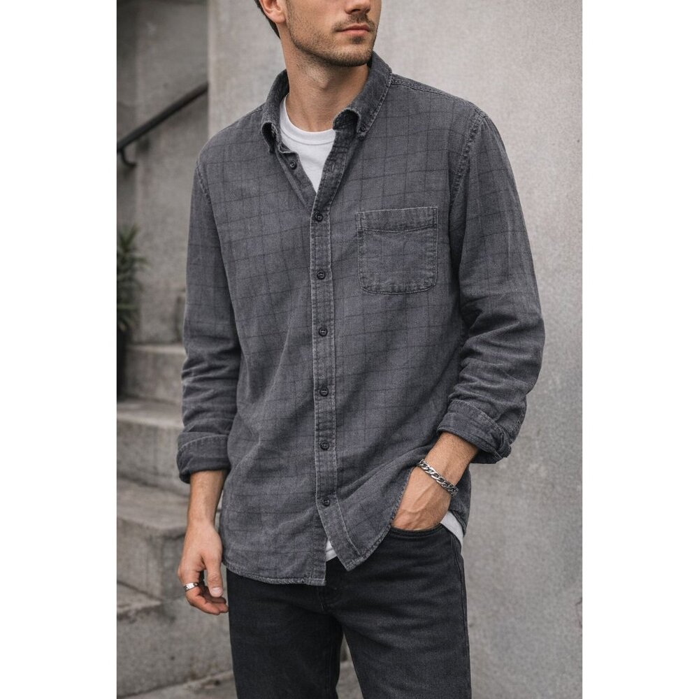 Marc Edwards XL Charcoal Windowpane Button Down Shirt 100% Cotton Mens